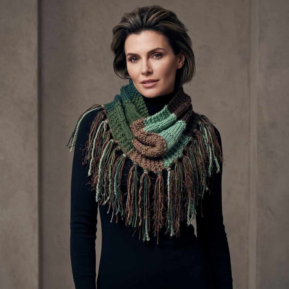 NEW Hand Knitted Boho Cowl Scarf Fringe Green Brown Cottage Indie Artsy Fall
